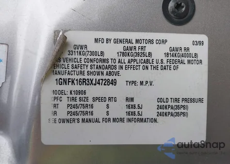 1999 Chevrolet Suburban 1500 from USA, damaged, VIN 1GNFK16R3XJ472849